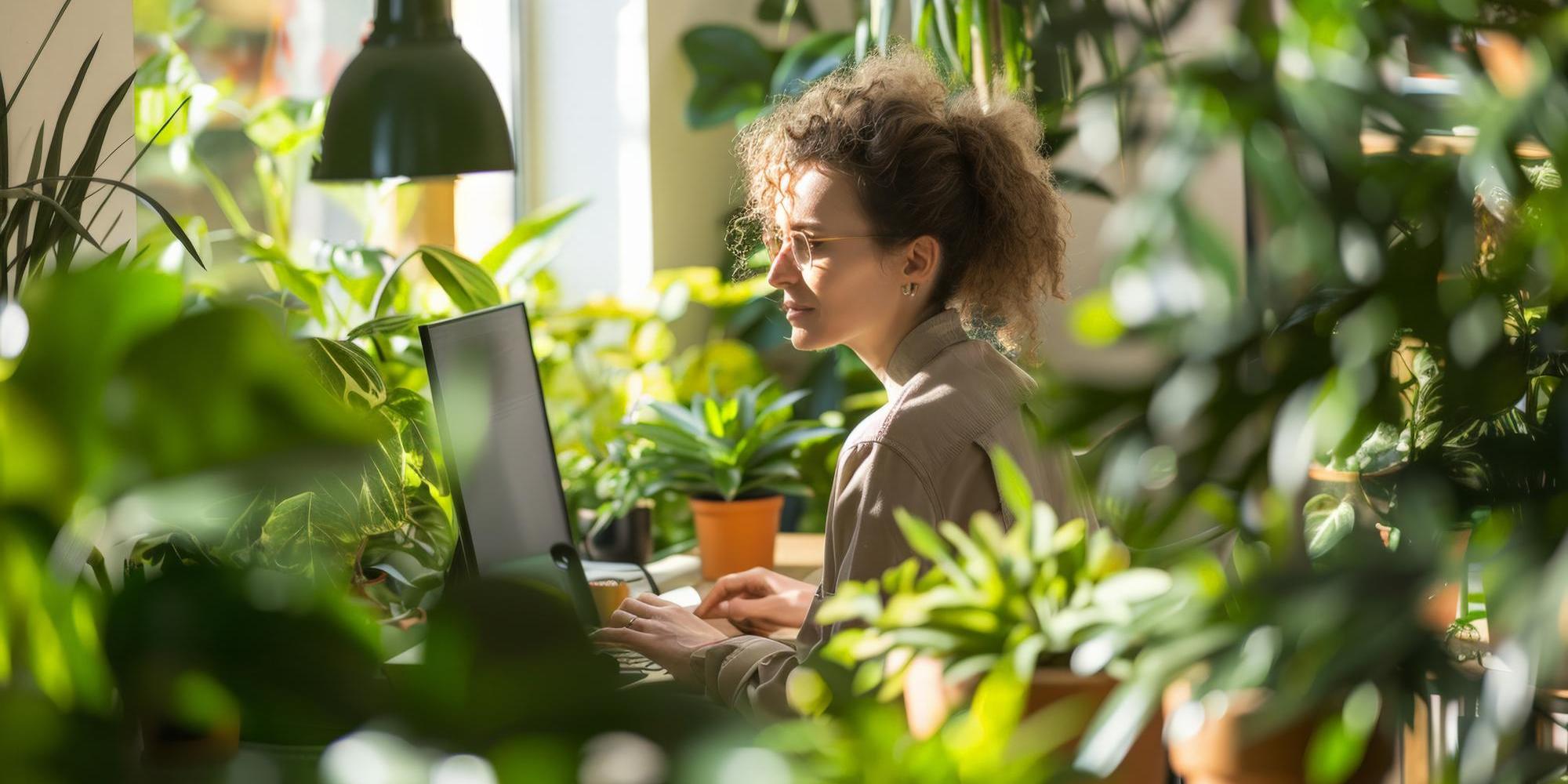 Woman working on laptop surrounded by plants