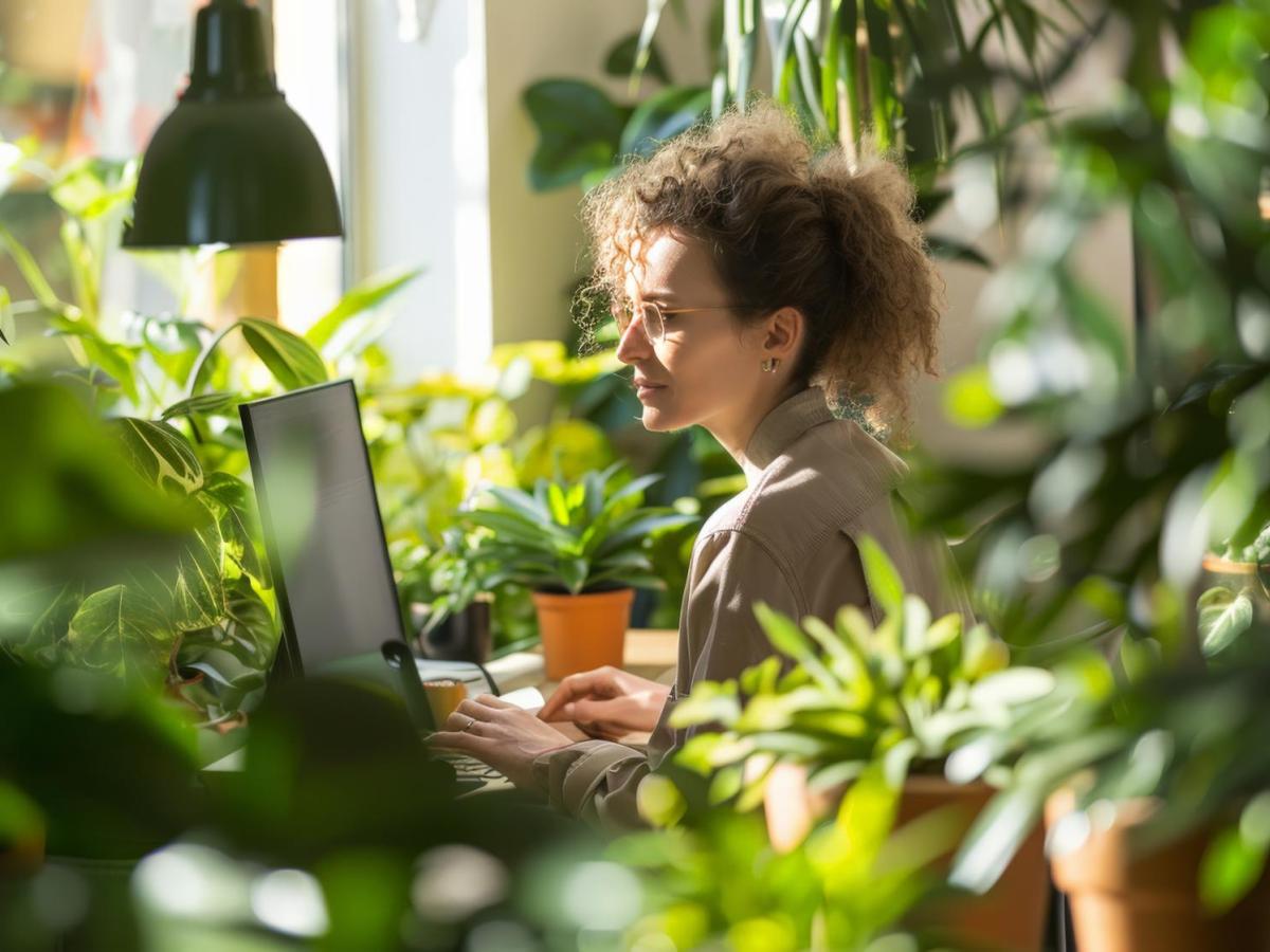 Woman working on laptop surrounded by plants