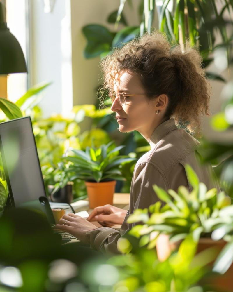 Woman working on laptop surrounded by plants