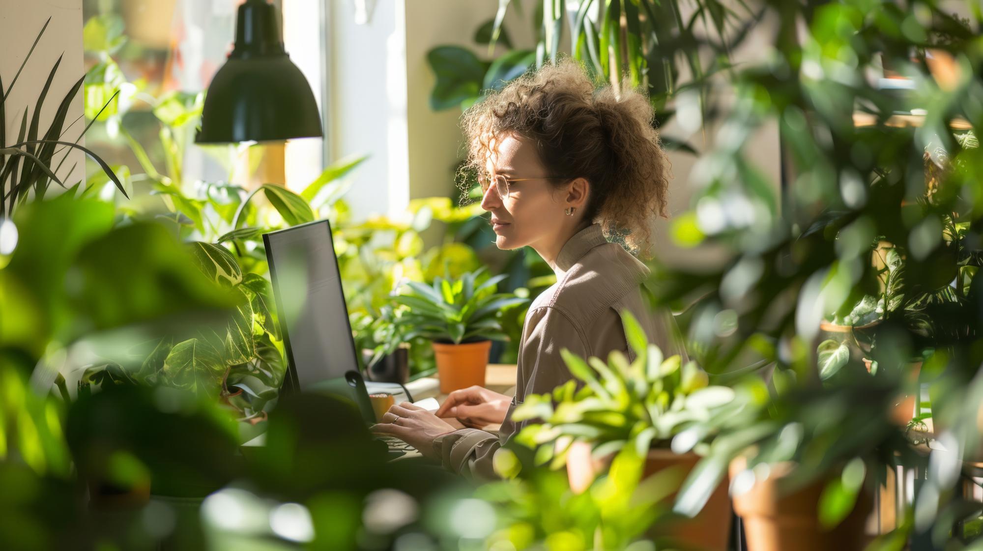 Woman working on laptop surrounded by plants